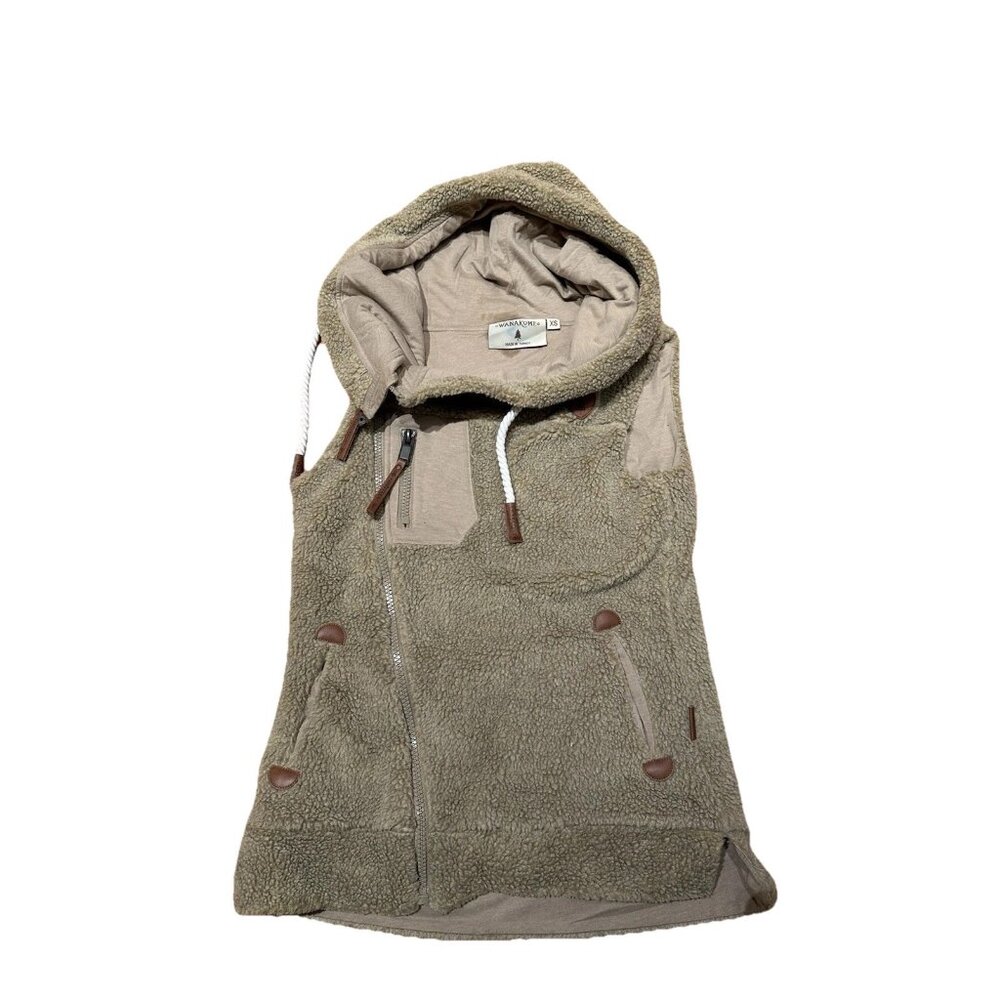 Wanakome Women's Hoodie XS Sage Green Cowl Neck Fleece Full Zip Vest Outdoors
